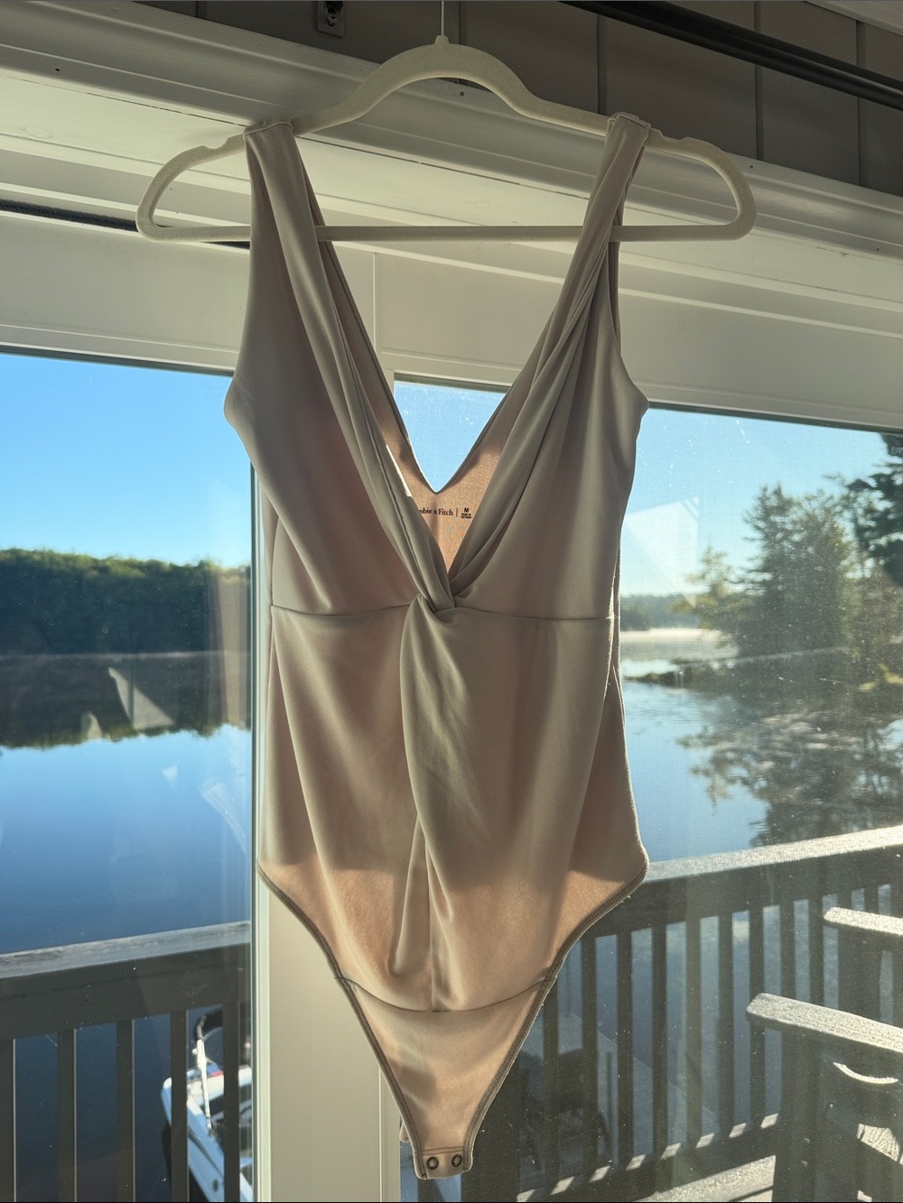 Abercrombie & Fitch Cream Plunge V-Neck Sleeveless Bodysuit